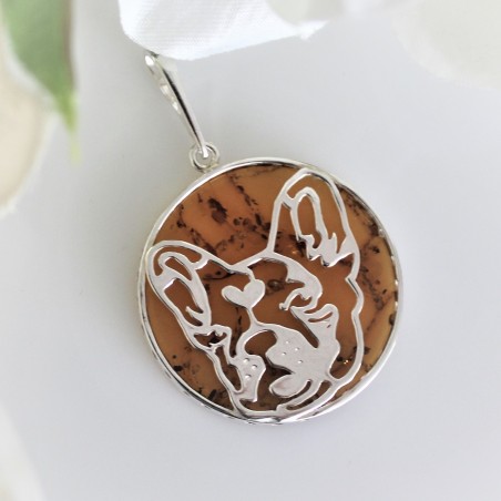 Zawieszka Buldog francuski z bursztynem