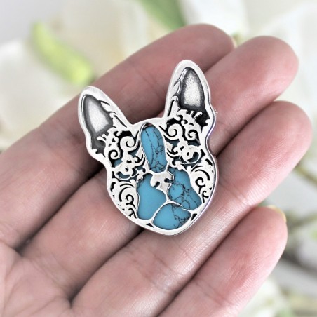 Broszka Buldog Francuski z turkusem