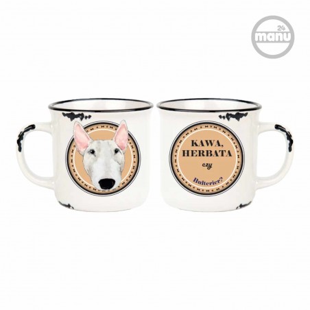 Kubek retro z psem bulterier biały