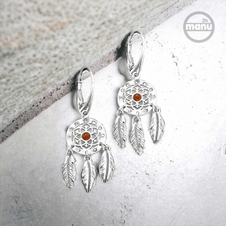 Kolczyki Łapacz Snów z bursztynem