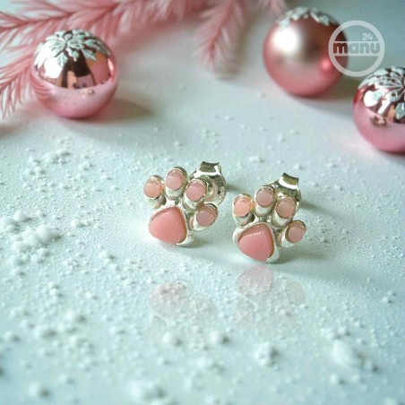 Kolczyki srebrne 925 z różowym agatem – psia lub kocia łapa 8 mm, sztyft