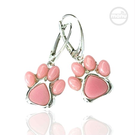Kolczyki srebrne 925 z różowym agatem – psia lub kocia łapa 16 mm, wiszące na biglu zatrzaskowym
