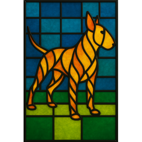 Dekoracyjny witraż akrylowy Bulterier – nadruk UV – dekoracja okna i wnętrz – produkt unikatowy